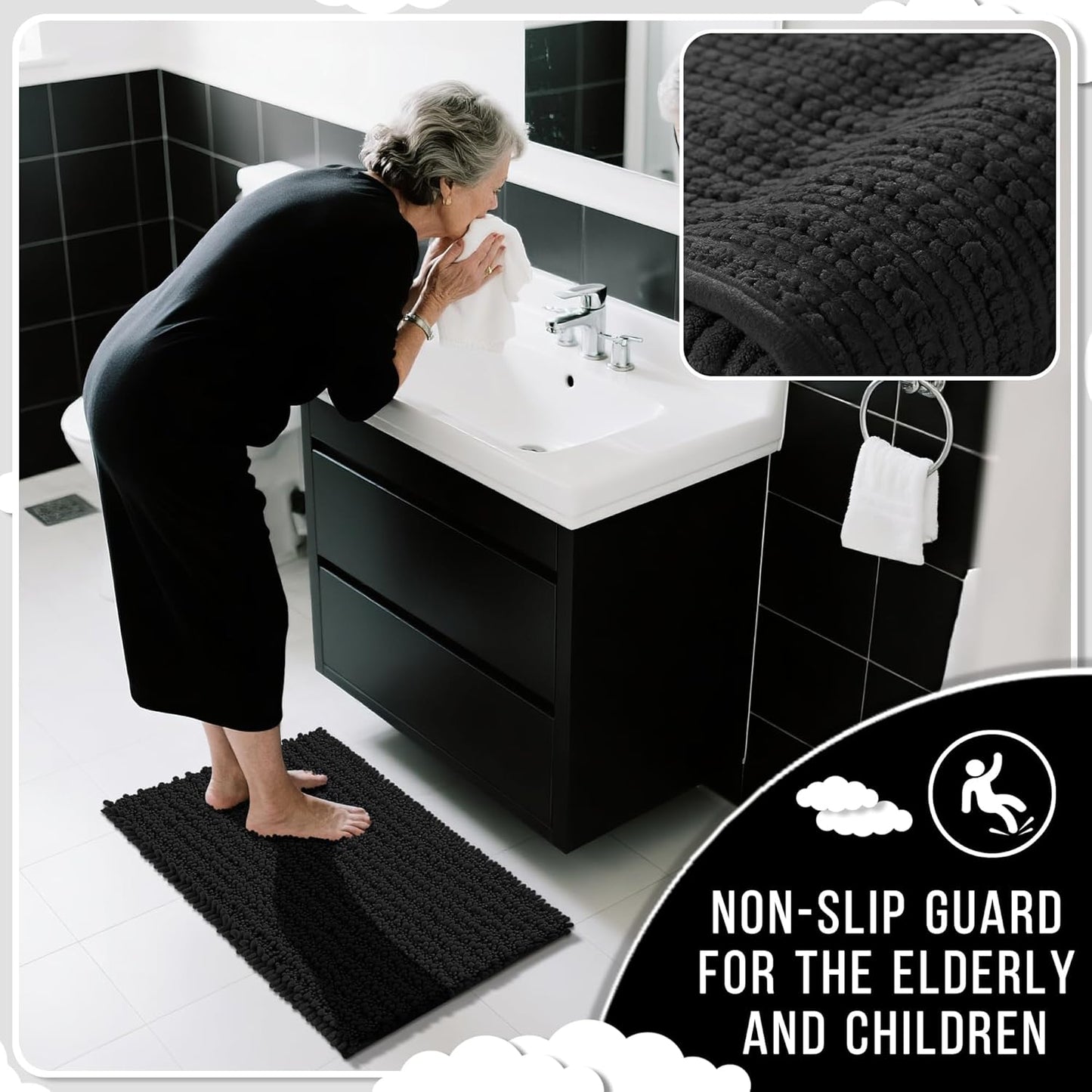 Yimobra Bathroom Runner Rug 70x24 Inch - Extra Long Non Slip Chenille Bath Mat, Soft & Absorbent, Machine Washable Shaggy Hallway Carpet for Vanity Tub Shower, Black Home Decor Accessories