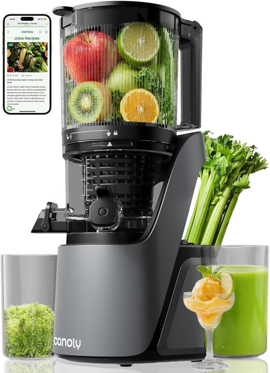 Canoly C16 Cold Press Juicer, 6" Extra Wide Feed Chute, 3-IN-1 Strainers (Juice & Sorbet & Nut Milk), Powerful AC Brushless Motor, Self Precut System, Juicer Machines with BPA-Free (Space Gray)