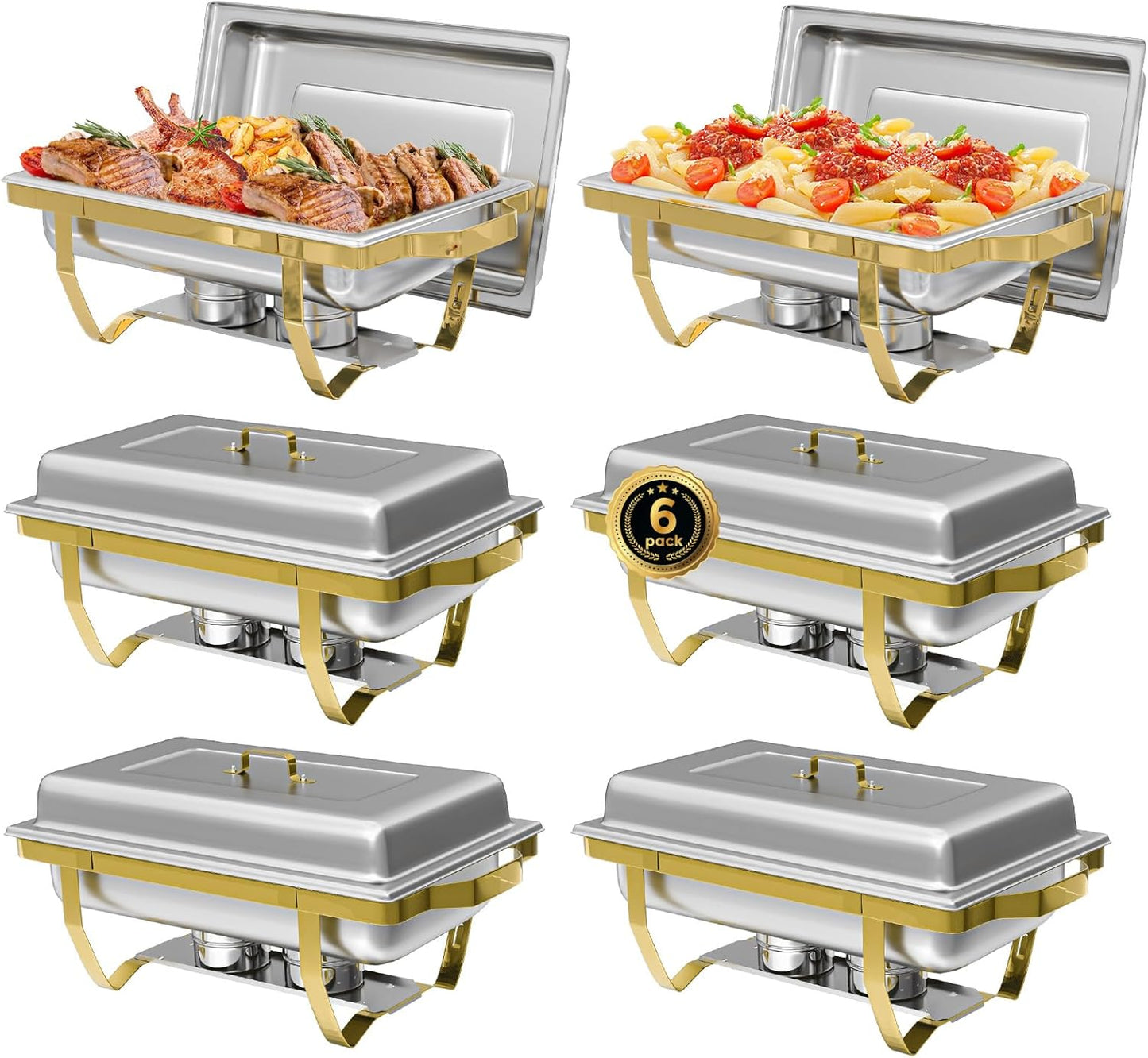 Chafing Dish Buffet Sets of 6, 8QT Stainless Steel Rectangular Chafers and Buffet Warmer Sets for Catering, with Food & Water Pan, Lid, Gold Foldable Frame, Fuel Holder for Event Party Holiday