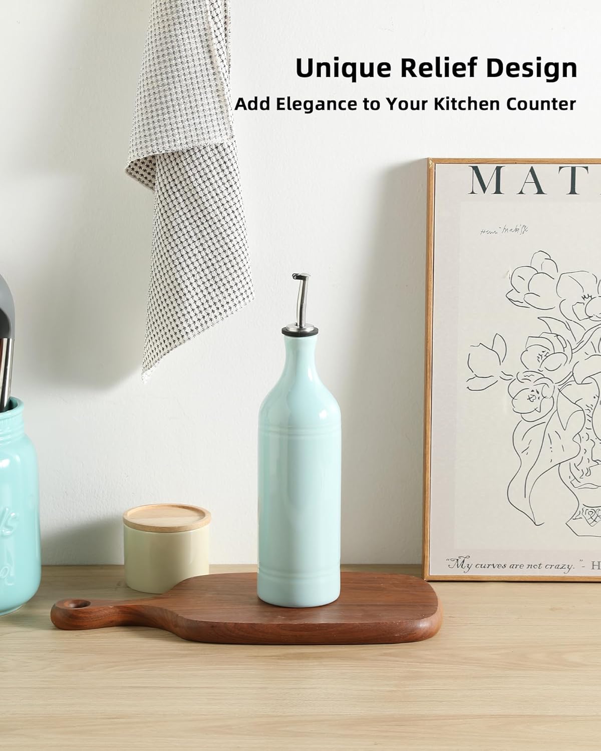 Sweejar Large Ceramic Olive Oil Dispenser Bottle, Opaque Oil Cruet Protects to Reduce Oxidation, Suitable For Storage Of Vinegar, Soy Sauce & Other Liquids, Pack of 1, 24 Fl Oz (Light Blue)