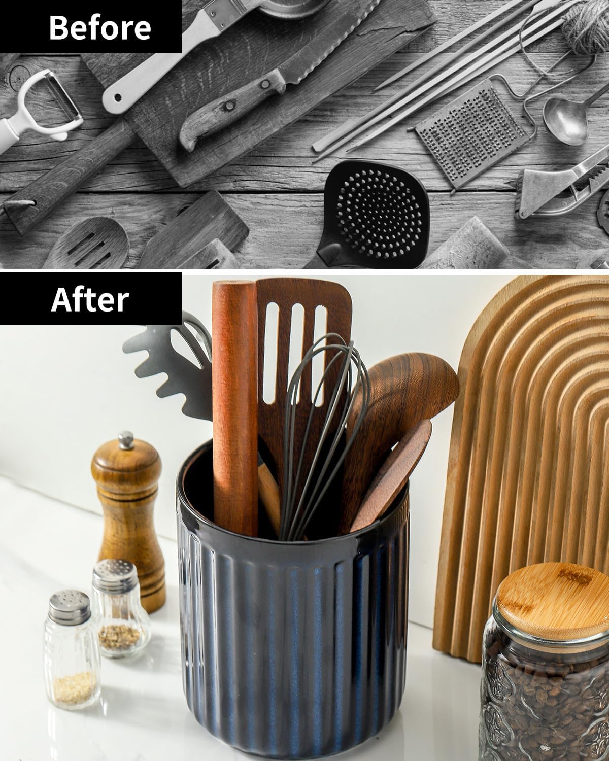 Hasense Ceramic Utensil Holder, 7.3" x 6.2" Ribbed Utensil Crock for Farmhouse Decor, Porcelain Cooking Utensil Holder for Kitchen Countertop, Utensil Organizer for Housewarming Gift, Navy Blue