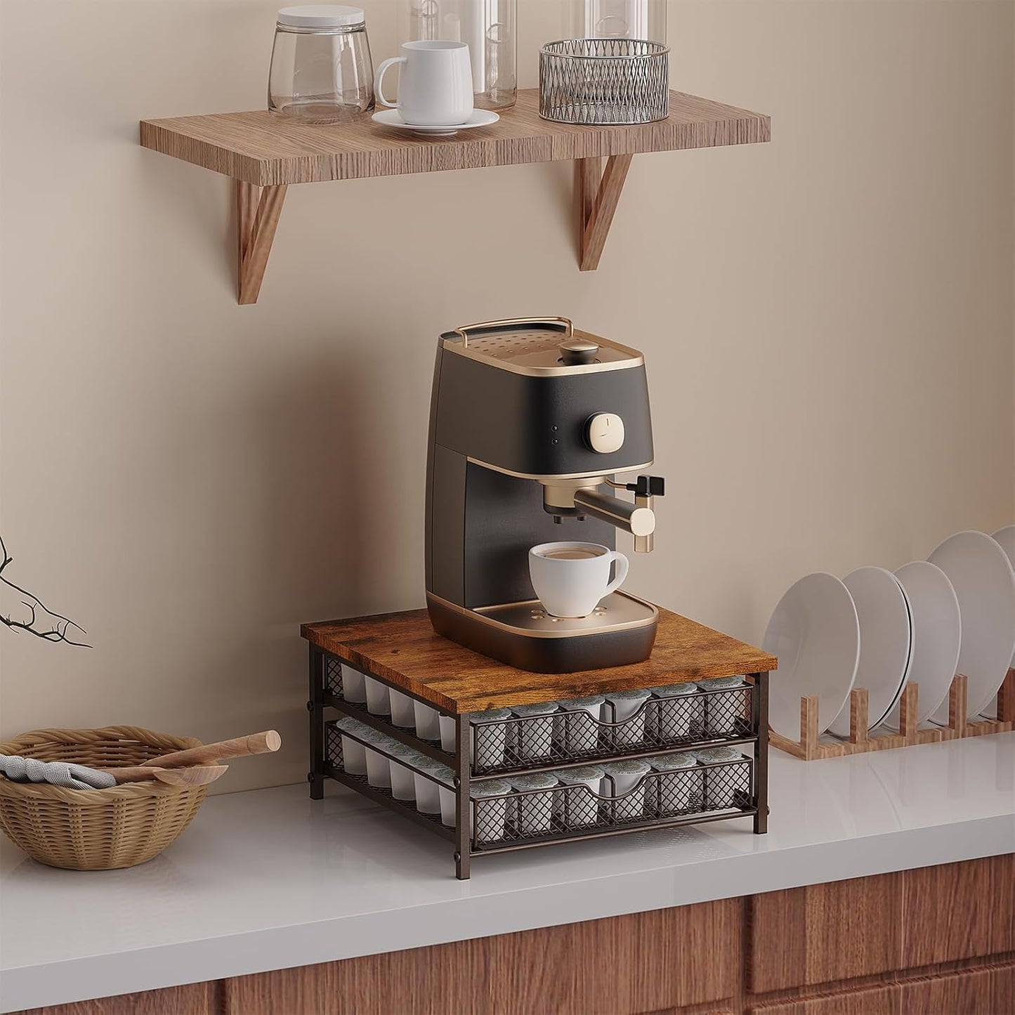 Coffee Pod Drawer K Cups Organizer 2-Tier Coffee Pod Storage Holder with Drawer Baskets 72 Capacity Coffee Capsule Storage Organizer Drawer, Industrial Brown and Bronze