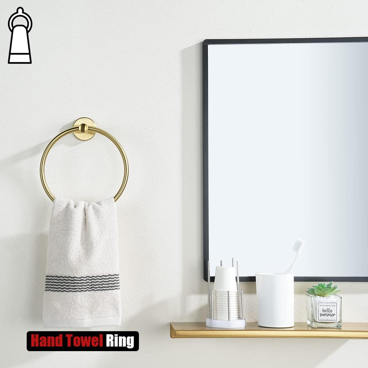 JQK Towel Ring Brass Gold, 304 Stainless Steel Hand Towel Holder for Bathroom, Brushed Gold Wall Mount, TR130-BG