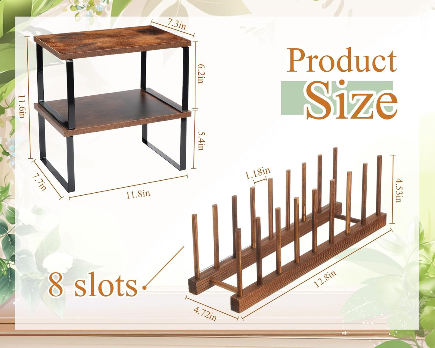 Marsui 4 Pcs Kitchen Organizer Accessories Set Cabinet Organizer Shelf and Bamboo Dish Drying Plate Rack Counter Shelves Storage Holder for Spice Rack, Dish, Pot Lid, Bowl, Cup(Deep Color)