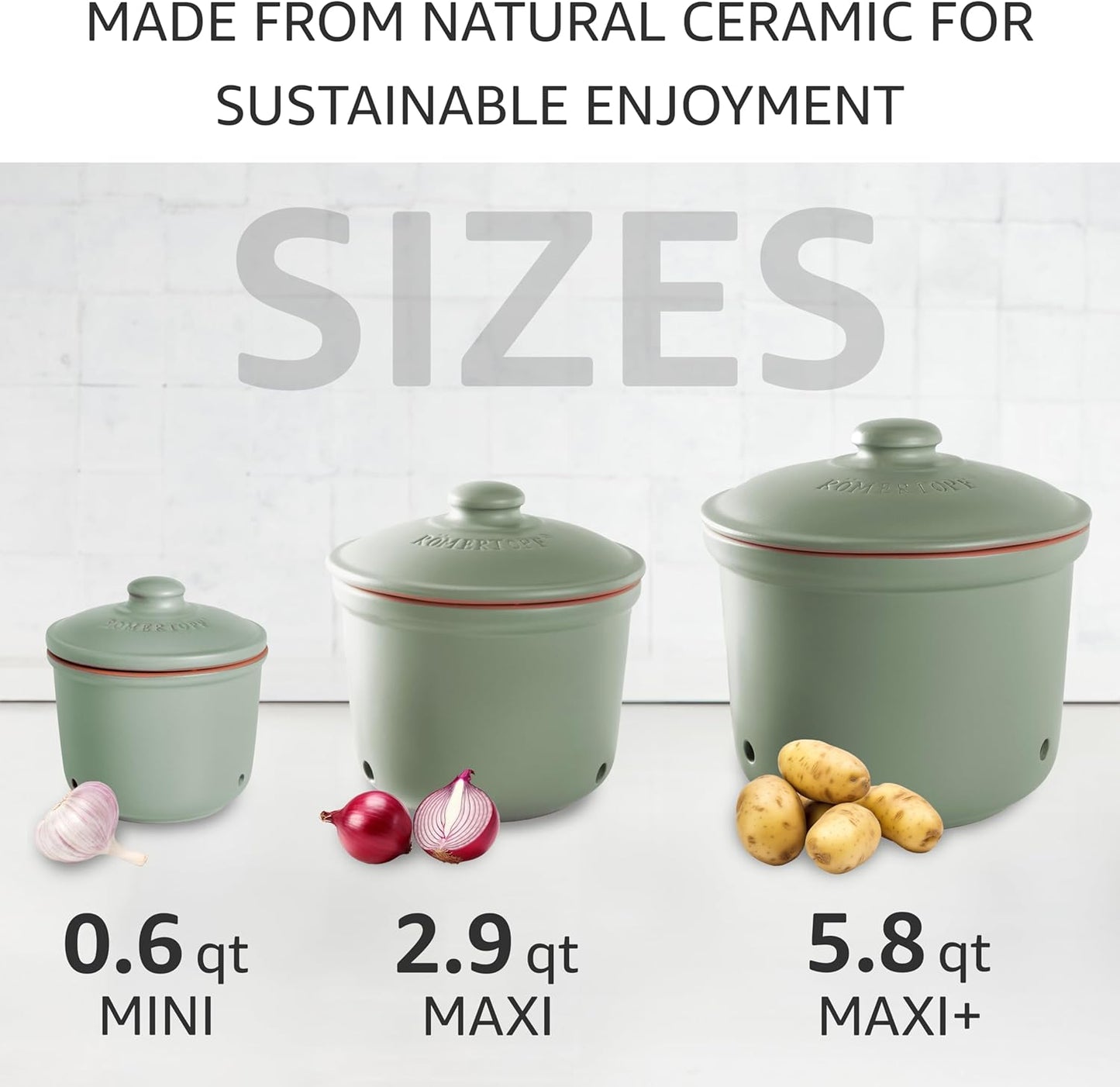 Romertopf Freshness Storage Potato Onion Garlic Clay Pot Set of 3 with Lids - Green