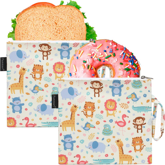 Reusable Sandwich Bag/Snack Bag for Kids & Adults, Dual Layer Lunch Bag with Handle, Washable, Food Safe, BPA Free (2-Pack, Zoo)