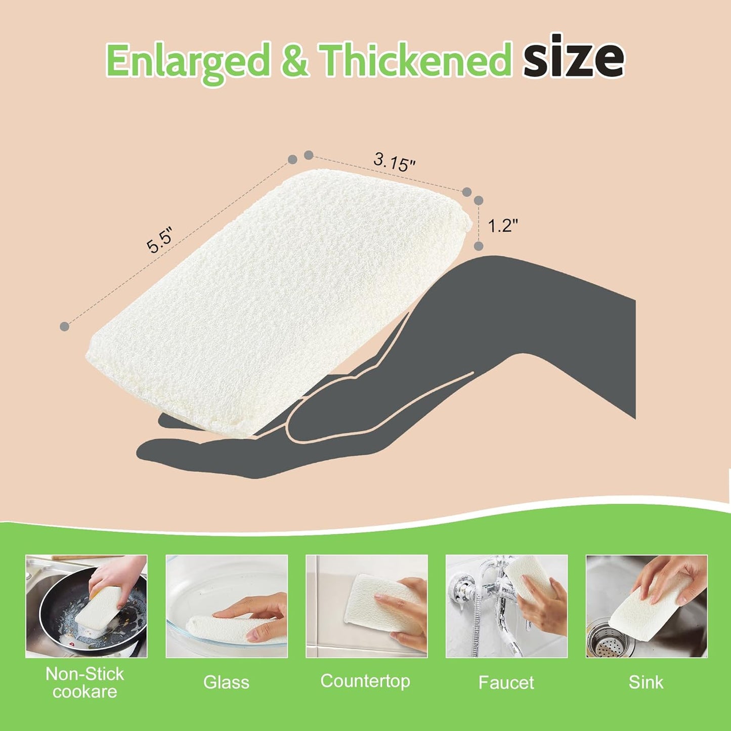 Practical Matter Kitchen Sponge, Organic Cotton Fiber All-Purpose Dish Sponges for Washing Dishes and Cleaning All Surfaces, Durable Non Scratch Scrub, 6 Count Value Pack