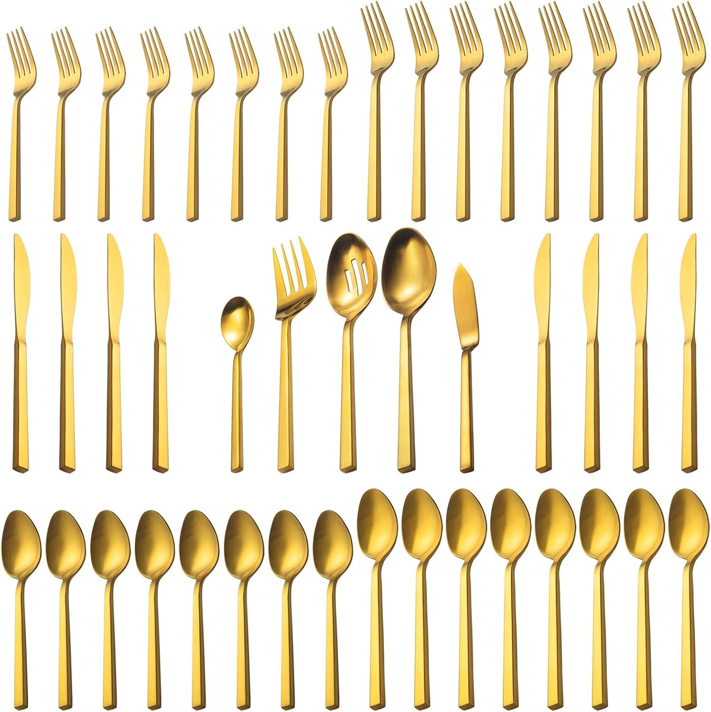 Alata Cube Gold 45-Piece Flatware Set, Forged Cutlery Set, Matte Gold Silverware Service for 8, Stainless Steel Tableware with Square Handle for Home/Restaurant, Dishwasher Safe