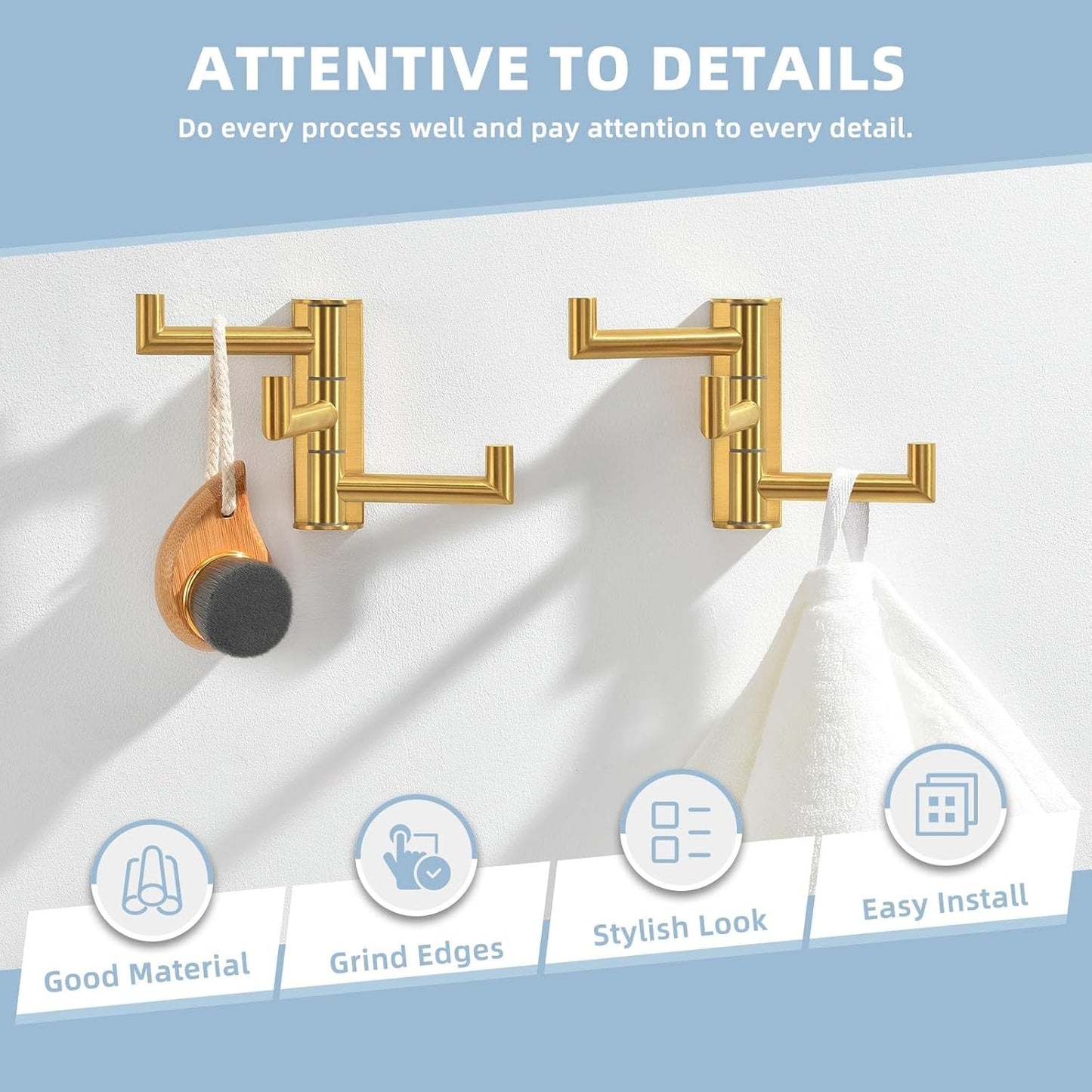 Suyar Bathroom Towel Hook Brushed Gold, SUS 304 Stainless Steel Swivel Coat Robe Holder 3 Foldable Arms, Rotating Wall Hook, 2 Pack