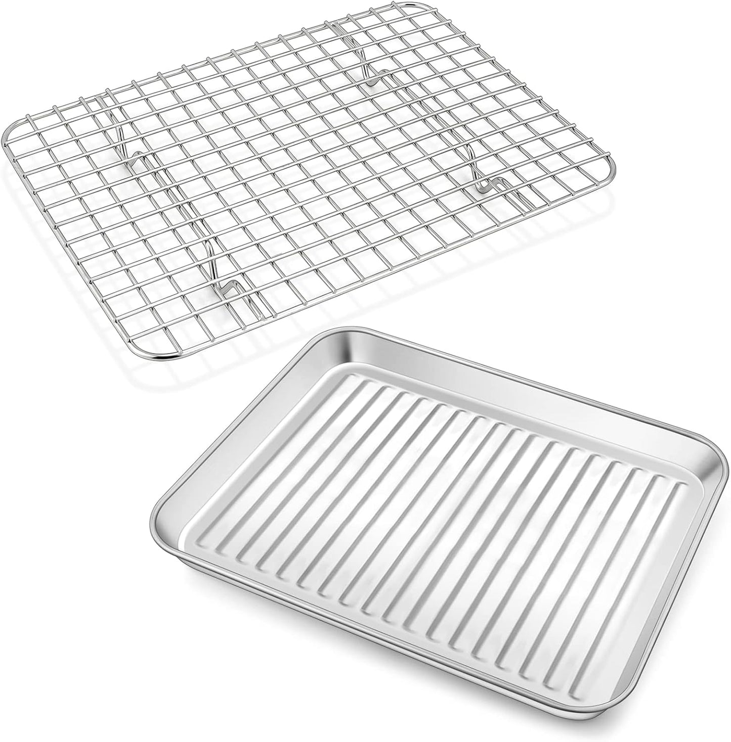 P&P CHEF Toaster Oven Pan with Wire Rack, Stainless Steel Baking Oven Sheet Tray, Bacon Pan and Cooling Rack for Cooking Roasting Cookie, Dishwasher Safe & Easy Clean, 9 x 7 x 1 Inch