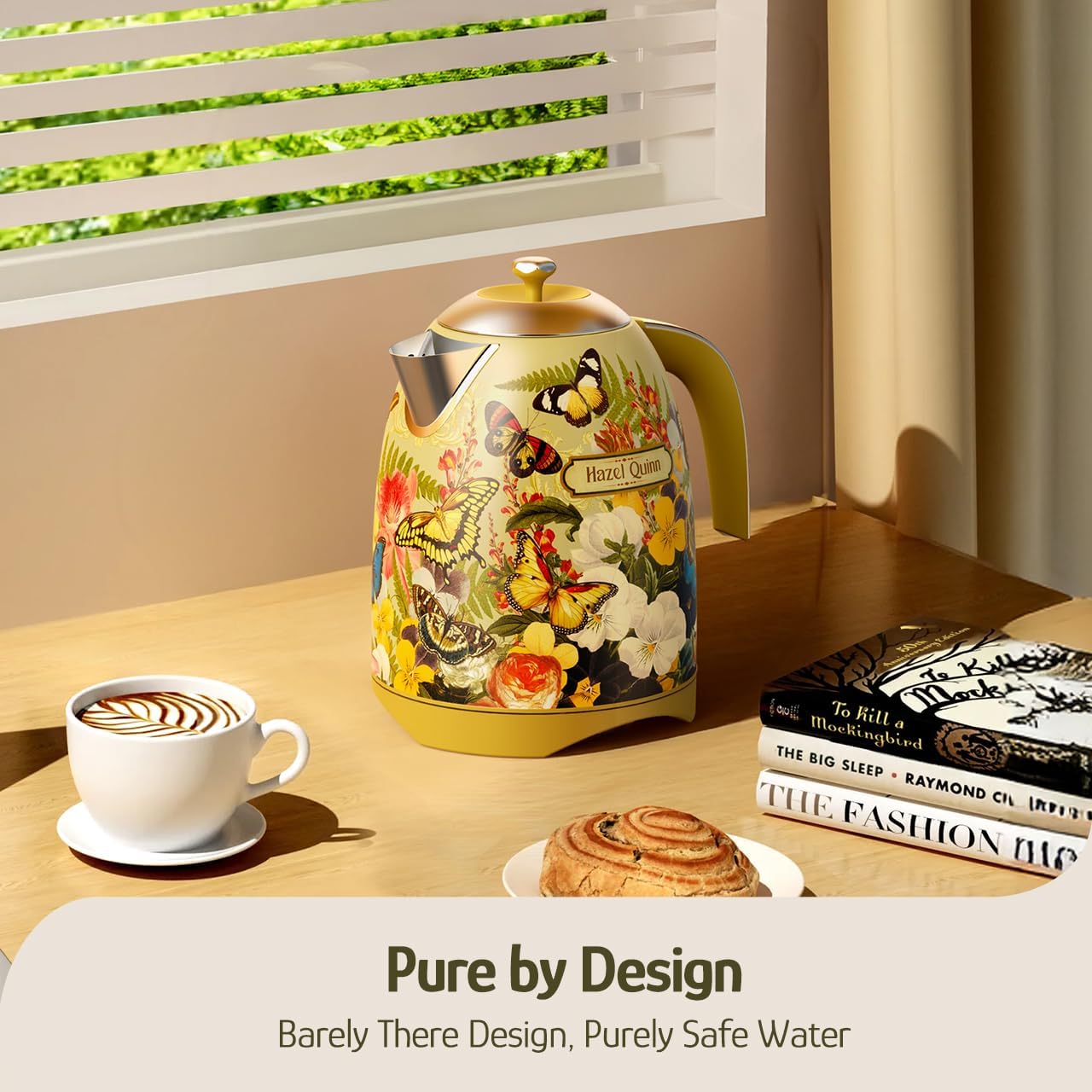 Hazel Quinn X Eduardo Recife Collaboration Electric Kettle - 1.7 Liters (57oz) Stainless Steel Water Kettle, BPA-Free Interior, 1200W Fast Boiling, Cordless, Automatic Shut Off - Floral Printed