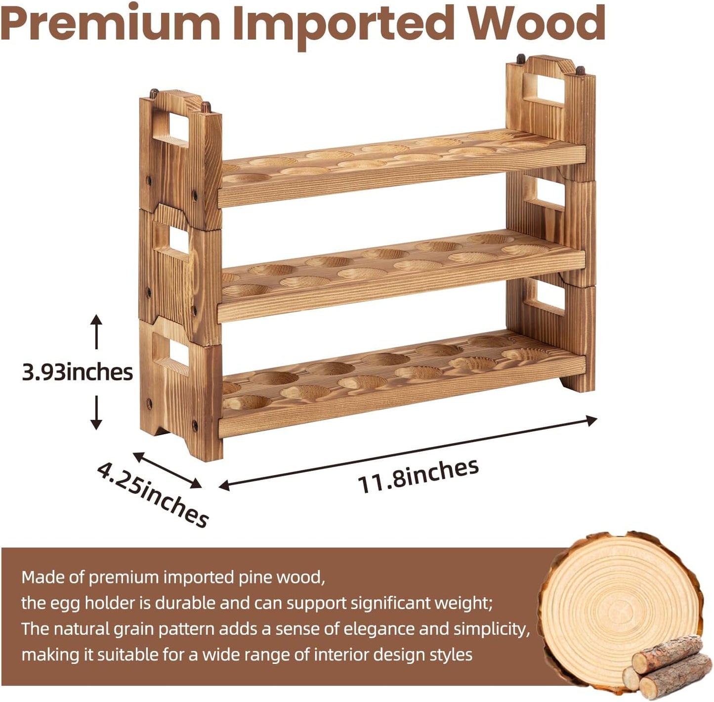 Egg Holder Countertop, 3-tire Solid Wooden Egg Holder, Stackable Egg Storage Basket Holding Up to 36 Fresh Eggs, Chicken, Duck Eggs - Unfinished