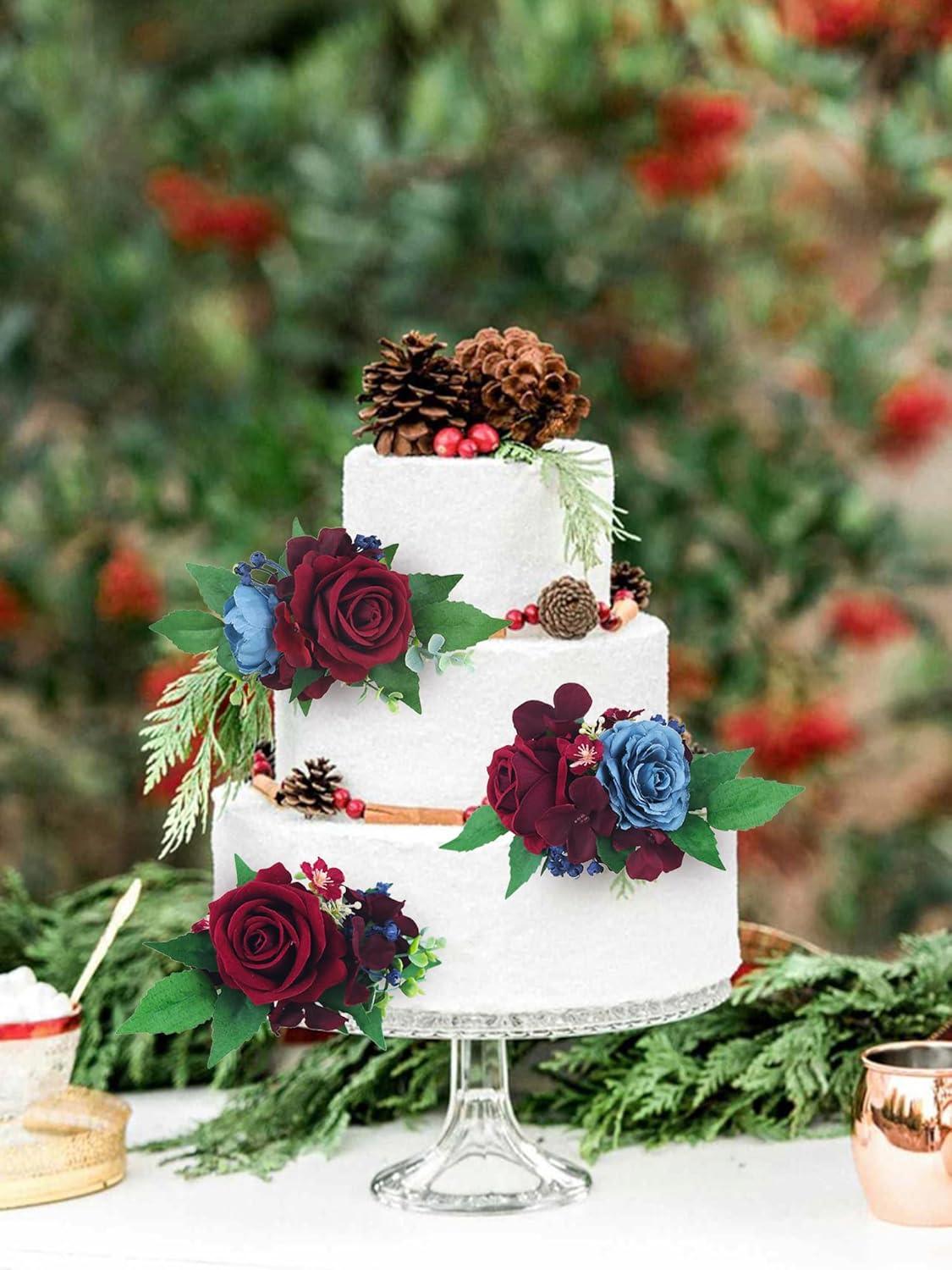 Rinlong 3Pcs Pre-made Cake Toppers - Flowers for Christmas, Wedding, Baptism - Burgundy, Navy Xmas Cake Decorations