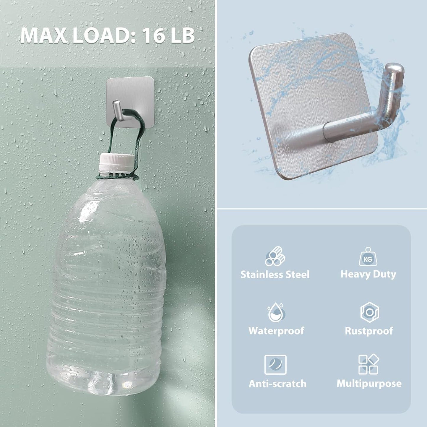 VIS'V Adhesive Hooks, Heavy Duty Shower Wall Stick on Hooks, Waterproof, 2 Extra Adhesive Strips, Silver, 4 Pcs