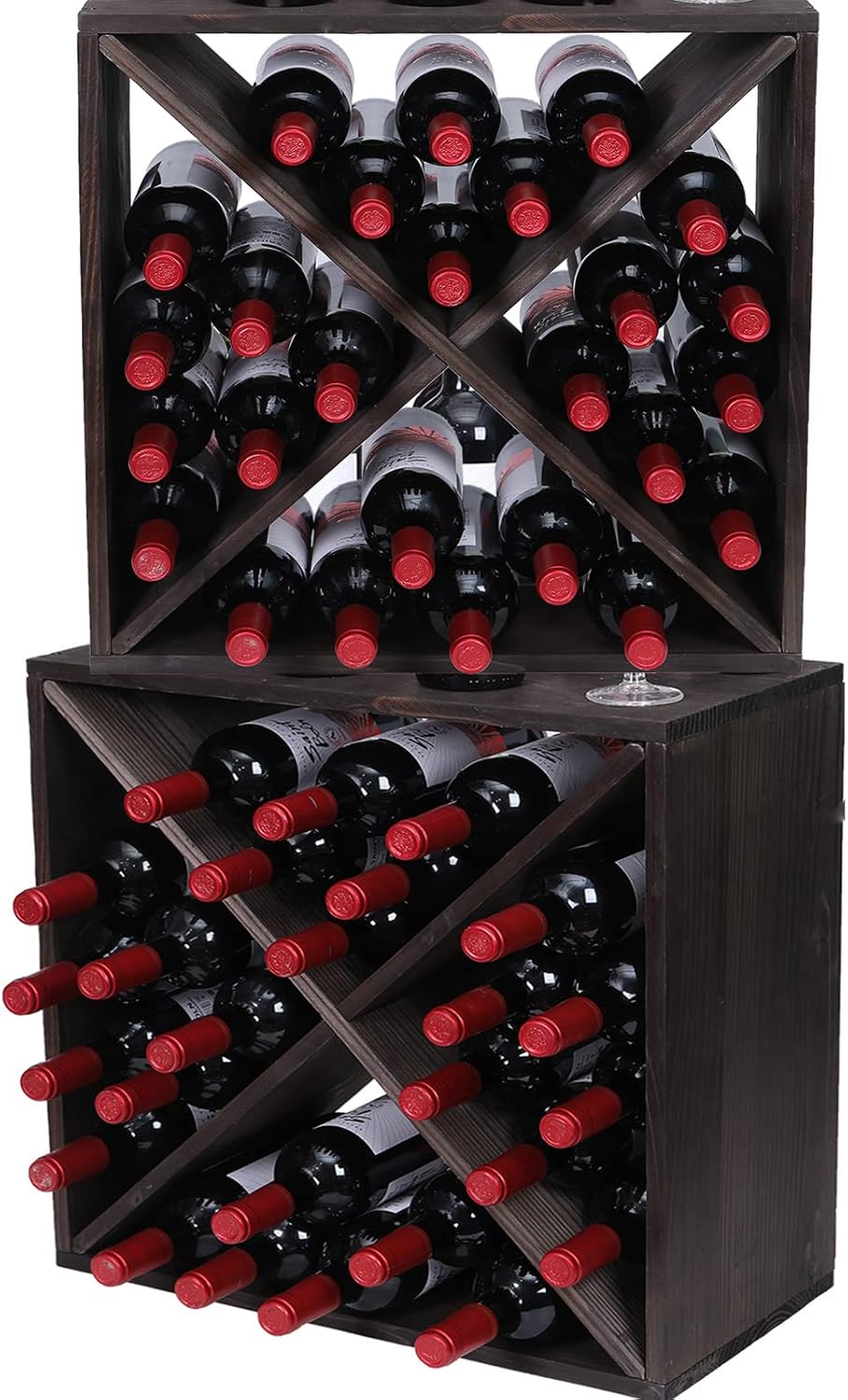 Wine Racks countertop Solid Wood Stackable Storage Rustic Retro Cube 48-Bottle Wooden Wine Rack Wine Cabinet(48BottleBlack)