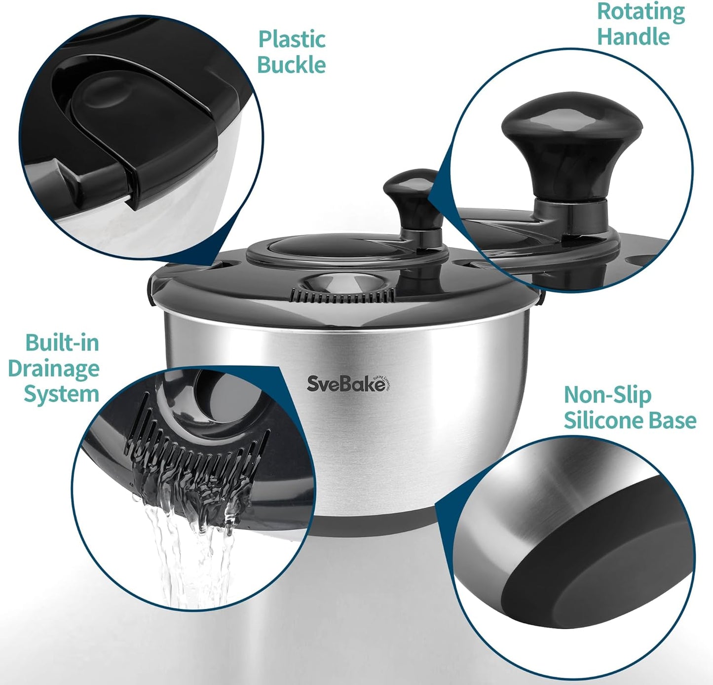 Stainless Steel Salad Spinner, 4.2 Qt Vegetable Washer, BPA-Free Lettuce Dryer with Crank Design, Dishwasher Safe, Non-Slip Base - Black Lid