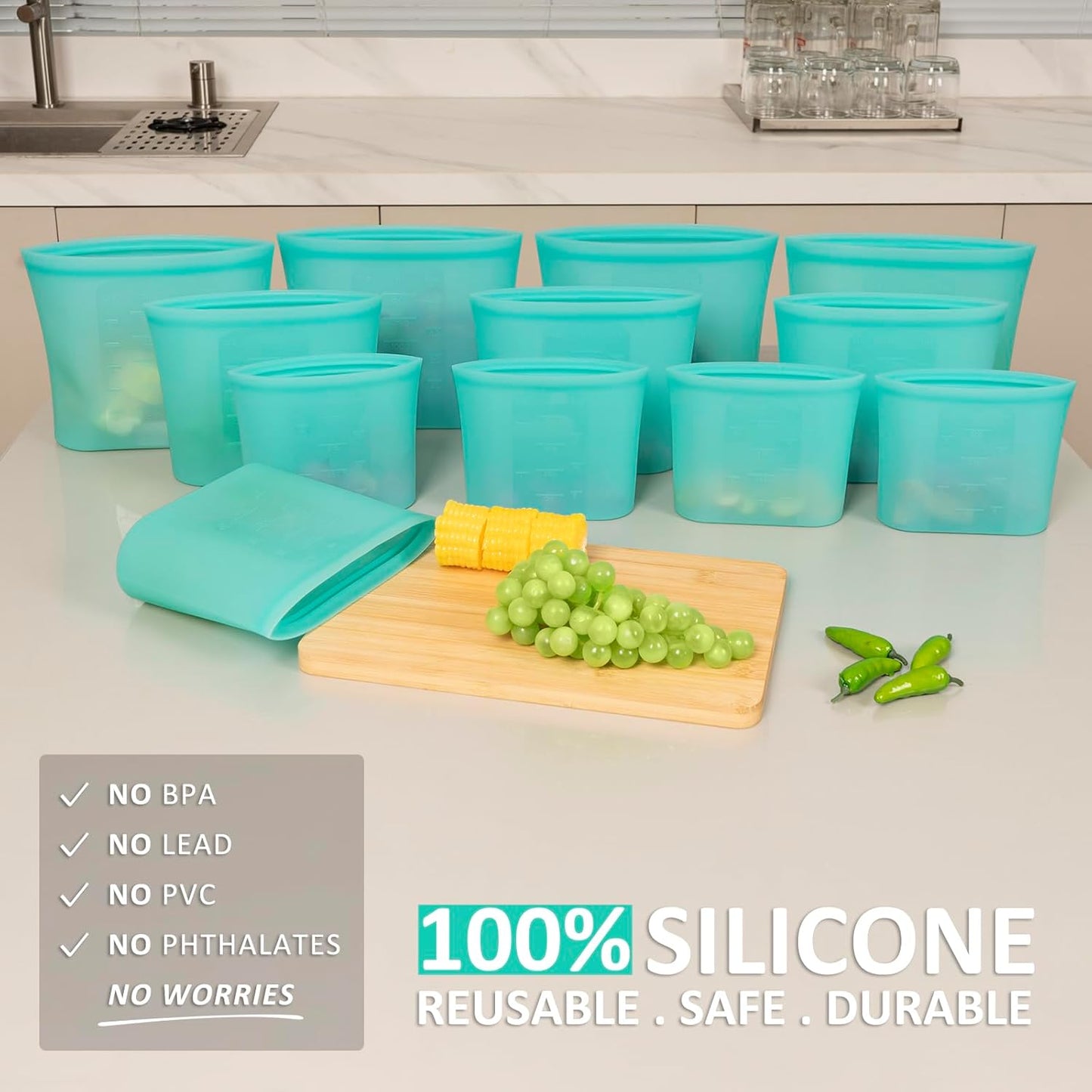 Reusable Food Bags, 12 Pack 100% Silicone Food Storage Bags Stand Up Zip Lock Container, Freezer Microwave Oven Dishwasher Safe, 4 Medium 4 Small 4 Extra Small, Aqua
