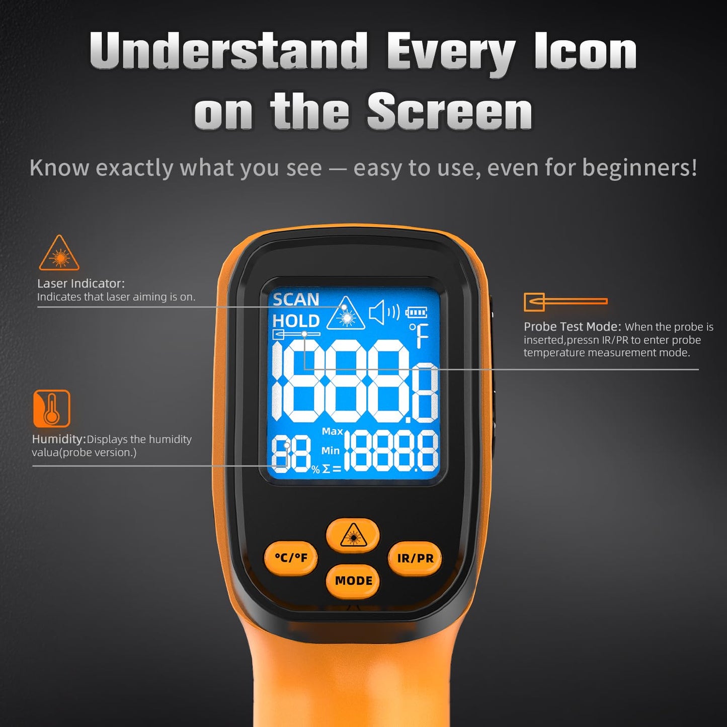 Infrared Thermometer Temperature Gun, Non-Contact Digital Laser Temp -58°F to 1472°F, K-Type Probe -58°F to 572°F, for Cooking, Pizza Oven, BBQ, HVAC, Home & Industrial