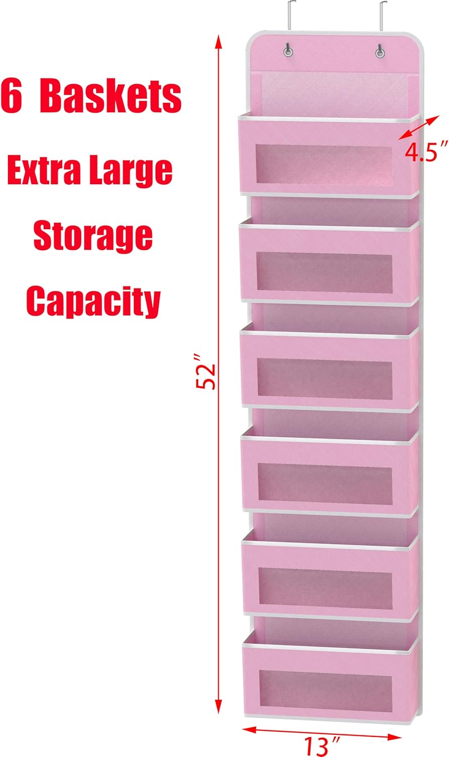 Simple Houseware 6 Clear Window Pocket Over Closet Door Storage Hanging Organizer for Bedroom, Bathroom, Pantry, Pink