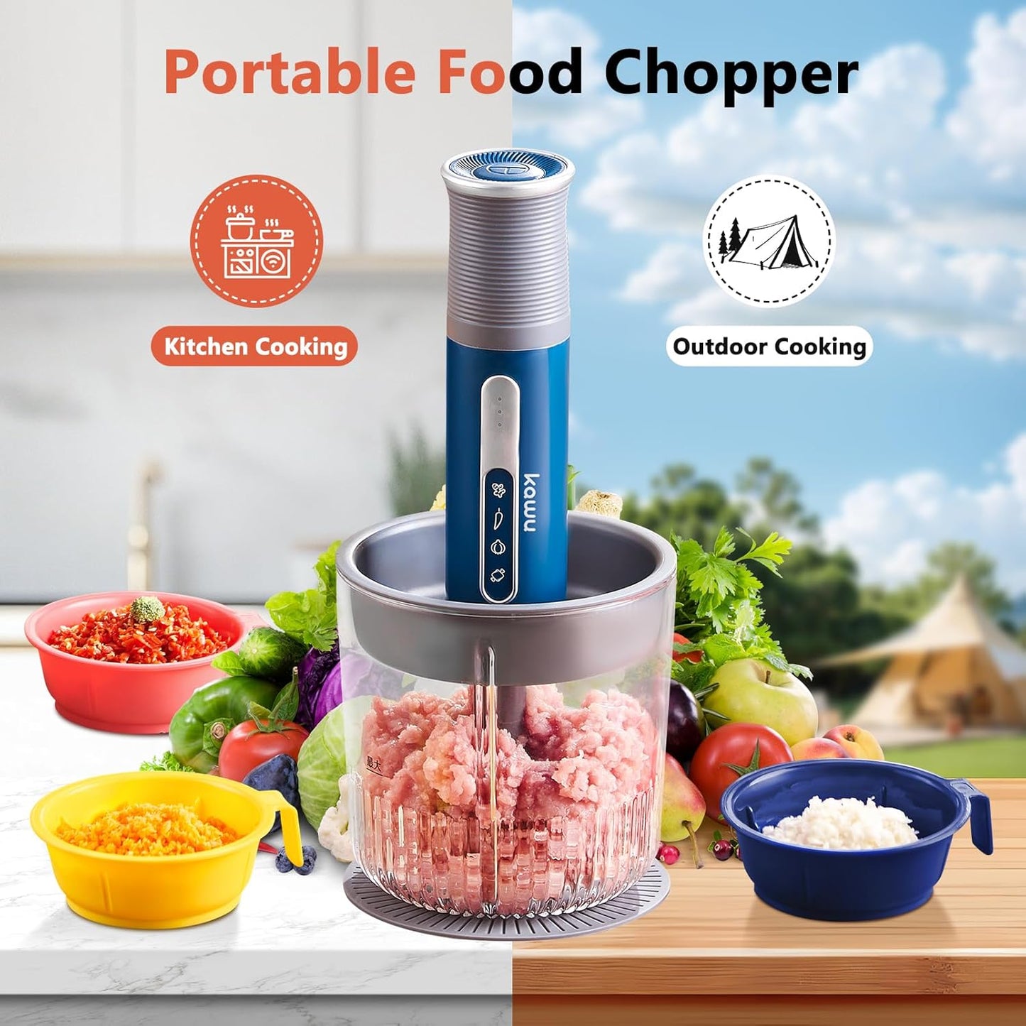 Kawu Portable Food Processor, Electric Food Chopper with 2 Bowls (2 Cups+3x 0.4 Cup), 2 Stainless Steel Blades, USB Rechargeable, One-Button Wireless Meat Grinder & Vegetable Chopper for Kitchen, Home