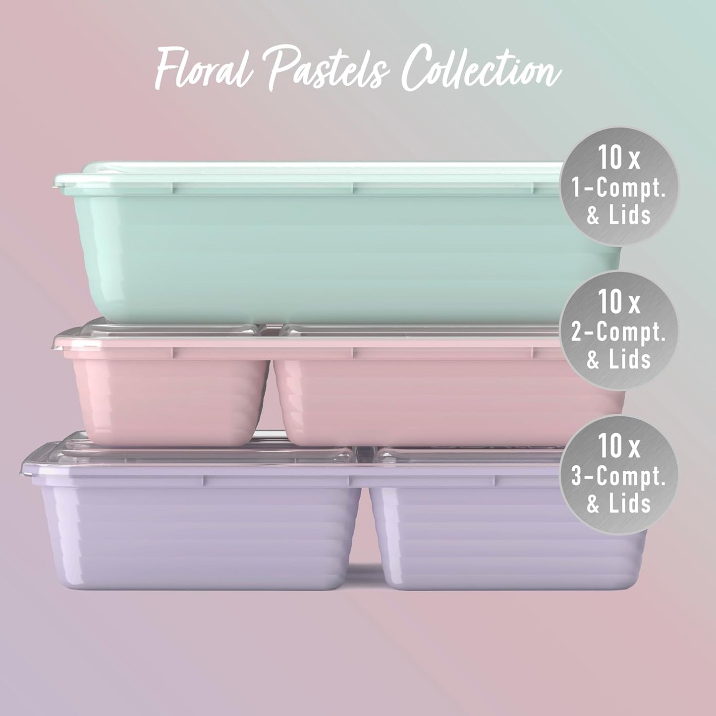 Bentgo Prep 60-Piece Meal Prep Kit - Reusable PFAS & BPA-Free Food Containers, 1-Compartment, 2-Compartment, & 3-Compartments - Microwave, Freezer, & Dishwasher Safe (Floral Pastels)