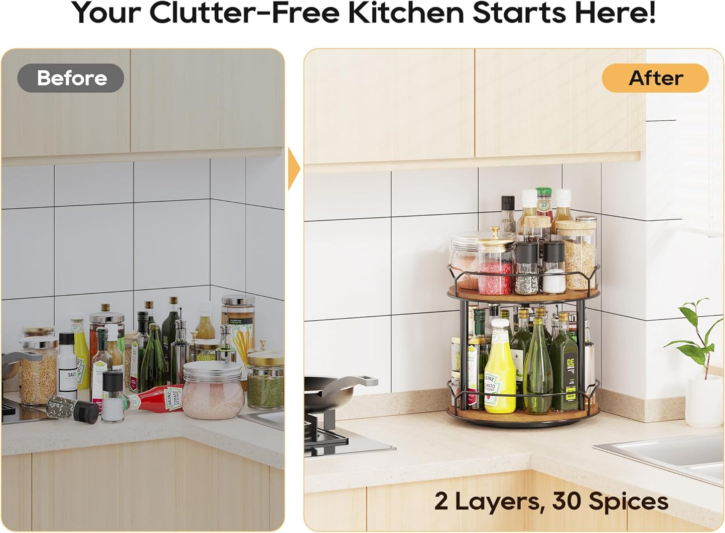 Lazy Susan Organizer 2 Tier - Turntable Spice Rack for Table Top, Wooden Rotating Lazy Susan for Cabinet Pantry Kitchen Countertop Dining Table Cupboard Bathroom Vanity Storage