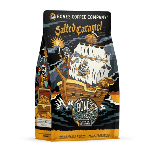 Bones Coffee Company Salted Caramel Flavored Coffee, Medium Roast Low Acid Arabica Beans Compatible with Auto drip and French Press Coffee Maker, 12 Oz Ground