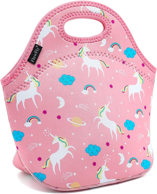 FlowFly Neoprene Lunch Tote Insulated Thermal Reusable Lunch Bag Box for Boys Men with Zipper,Unicorn