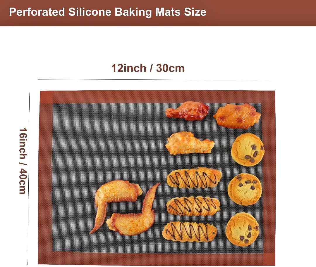 Perforated Silicone Baking Mats, 2pcs Reversible Silicone Baking Mat, Non Slip Reusable Eclair Baking Sheets for For Bread Cookies Open Mesh Oven Liners (Black-2Pcs)