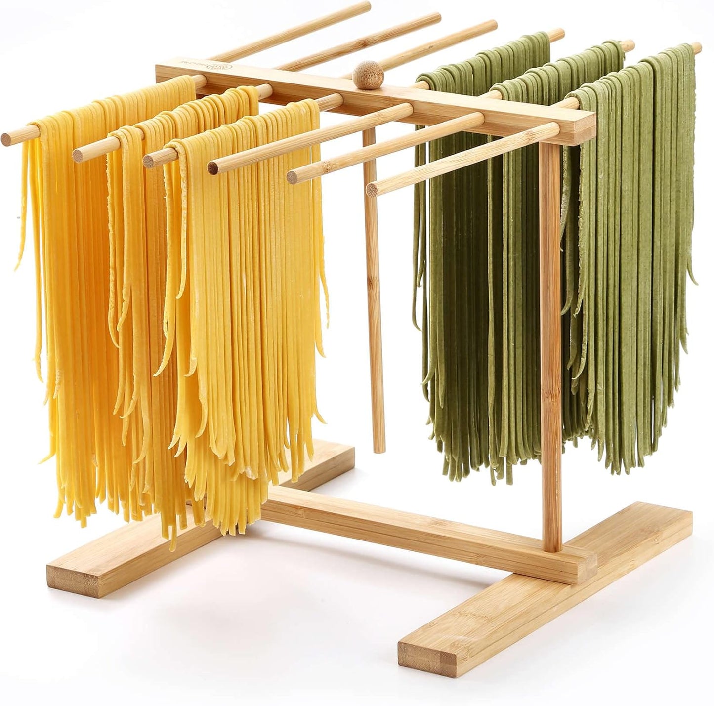 Bamboo Pasta Drying Rack with Transfer Wand and 12 Bars, Easy to Transfer for Drying Pasta and Cooking, Special Suspension Design for Large Storage