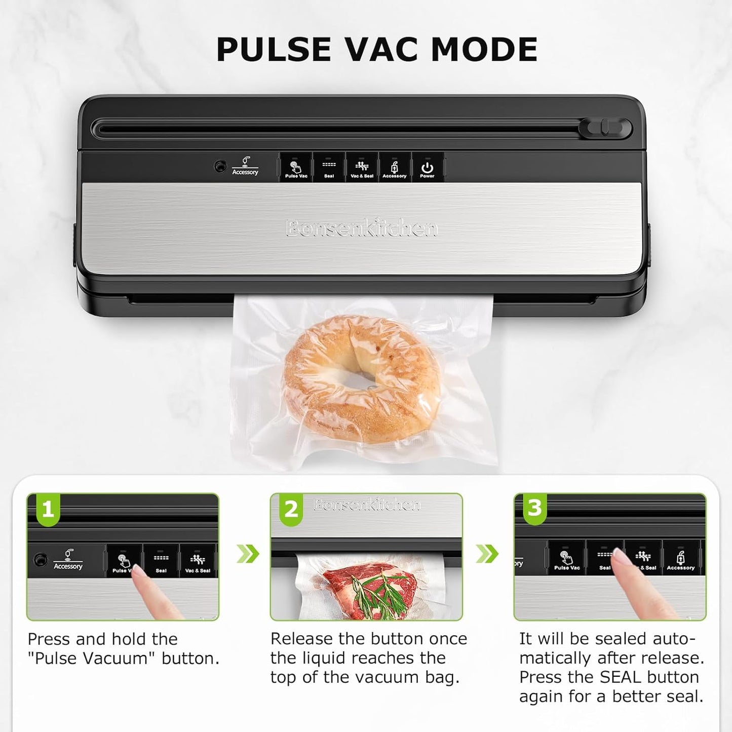 Bonsenkitchen Vacuum Sealer Machine, Multi-Functional Food Sealer with 50 Vacuum Bags & 1 Roll for Food Storage, Built-in Cutter, Black