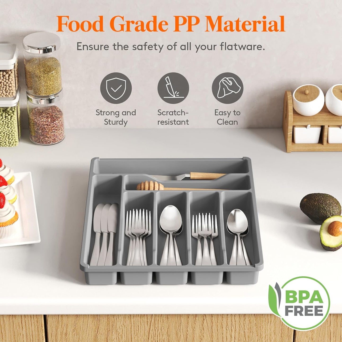 Lifewit Silverware Drawer Organizer Tray, Plastic Cutlery Storage for Kitchen Drawer, Flatware and Utensil Holder Divider for Spoons Forks Knives Tableware, 7 Compartment, Gray