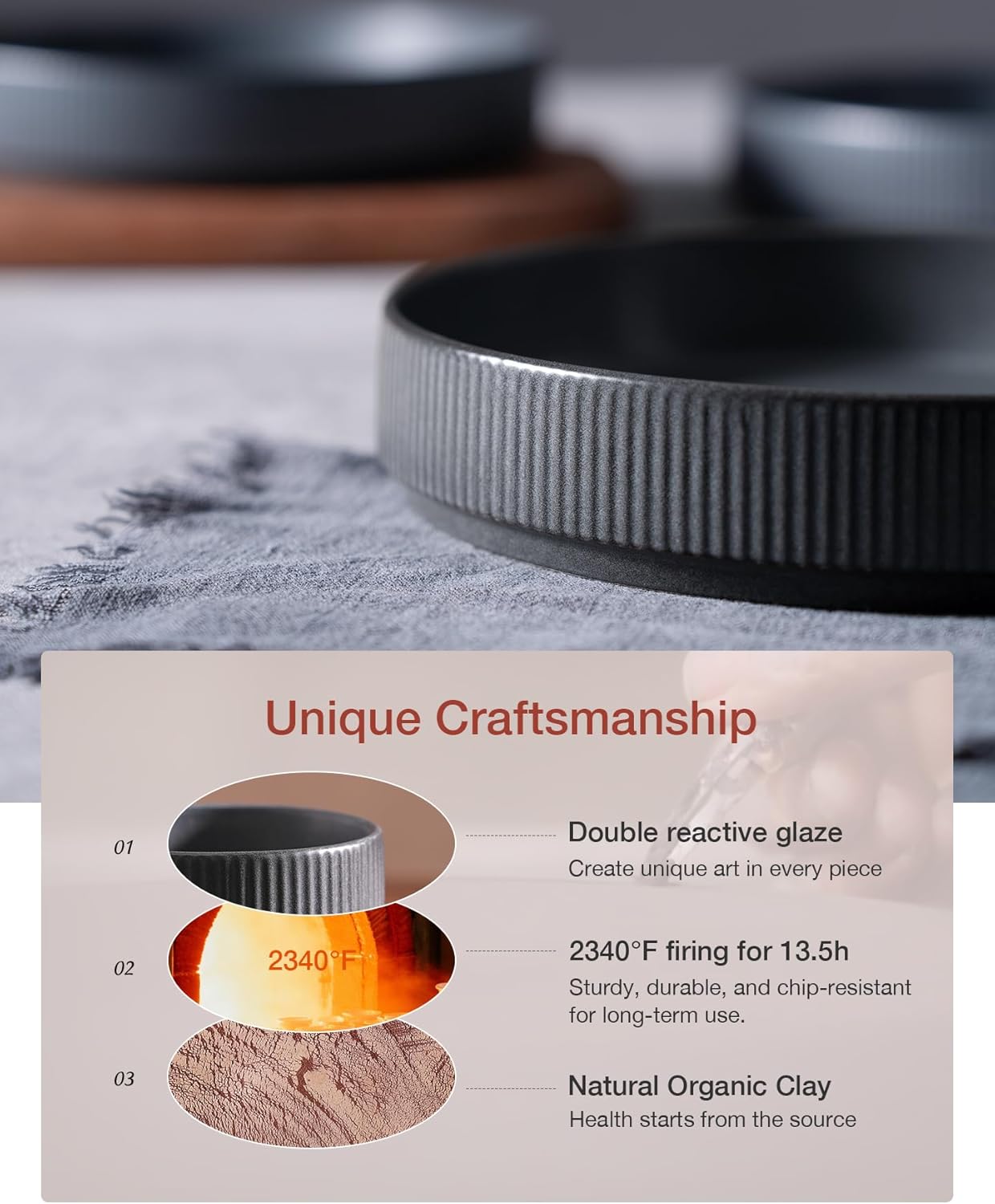 famiware Star 8.25" Pasta Bowls, Large Dinner Bowls Set of 4, Salad Bowl Plates, Shallow Bowls for Eating, Dark Charcoal & White Full Glaze Matte