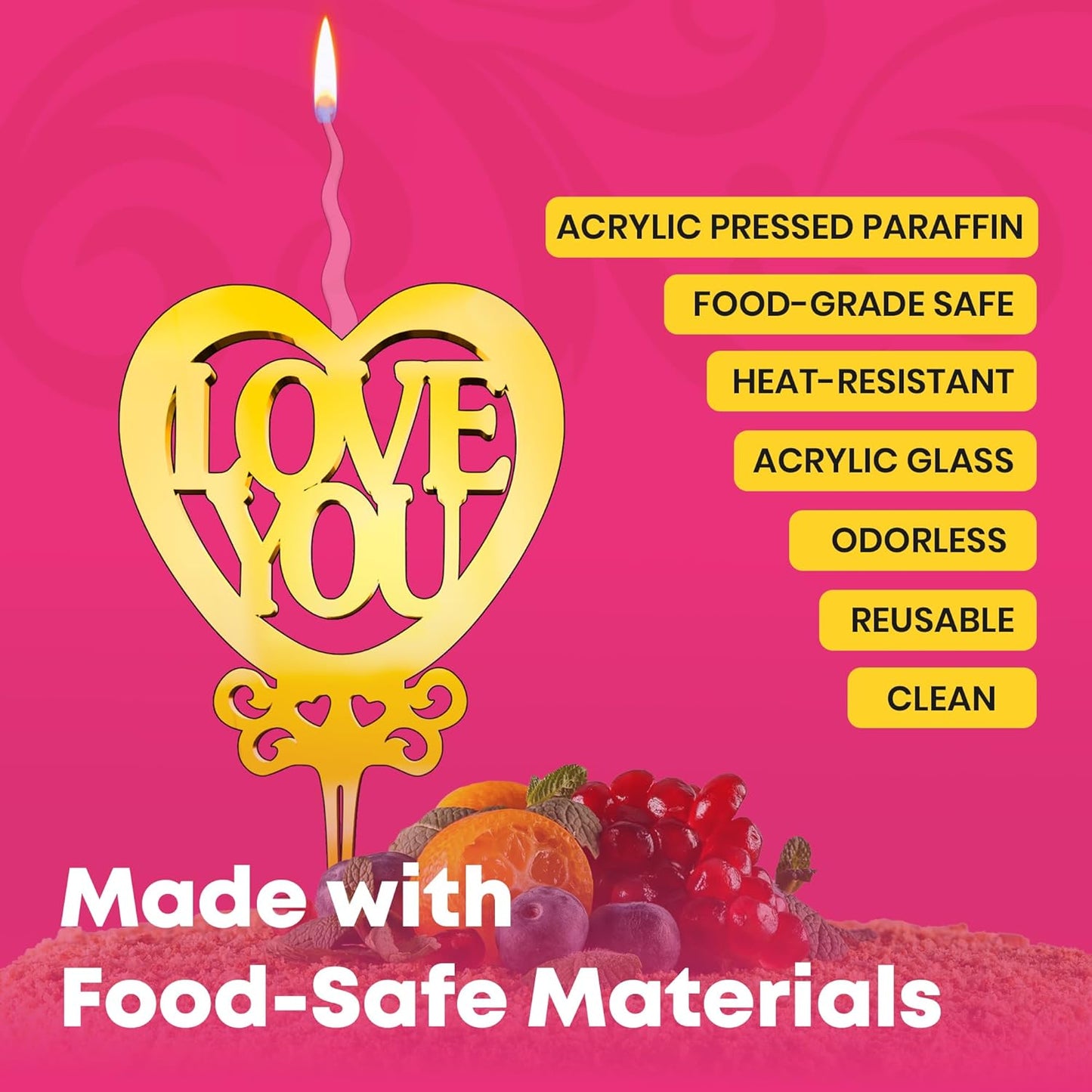 Love You Reusable Gold Romantic Cake Candle - Luxury Cake Topper Candle for Birthdays, Weddings & Anniversaries - Reusable Food Safe Acrylic, Shiny Mirror Finish - Happy Birthday Cake Topper Decor