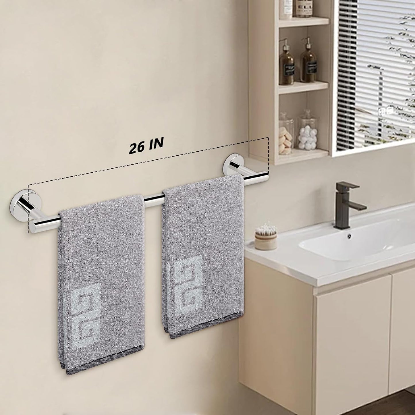 NearMoon Bath Towel Bar, Bath Accessories Thicken Stainless Steel Shower Towel Rack for Bathroom, Towel Holder Wall Mounted (1 Pack, Chrome Finish, 26 Inch)
