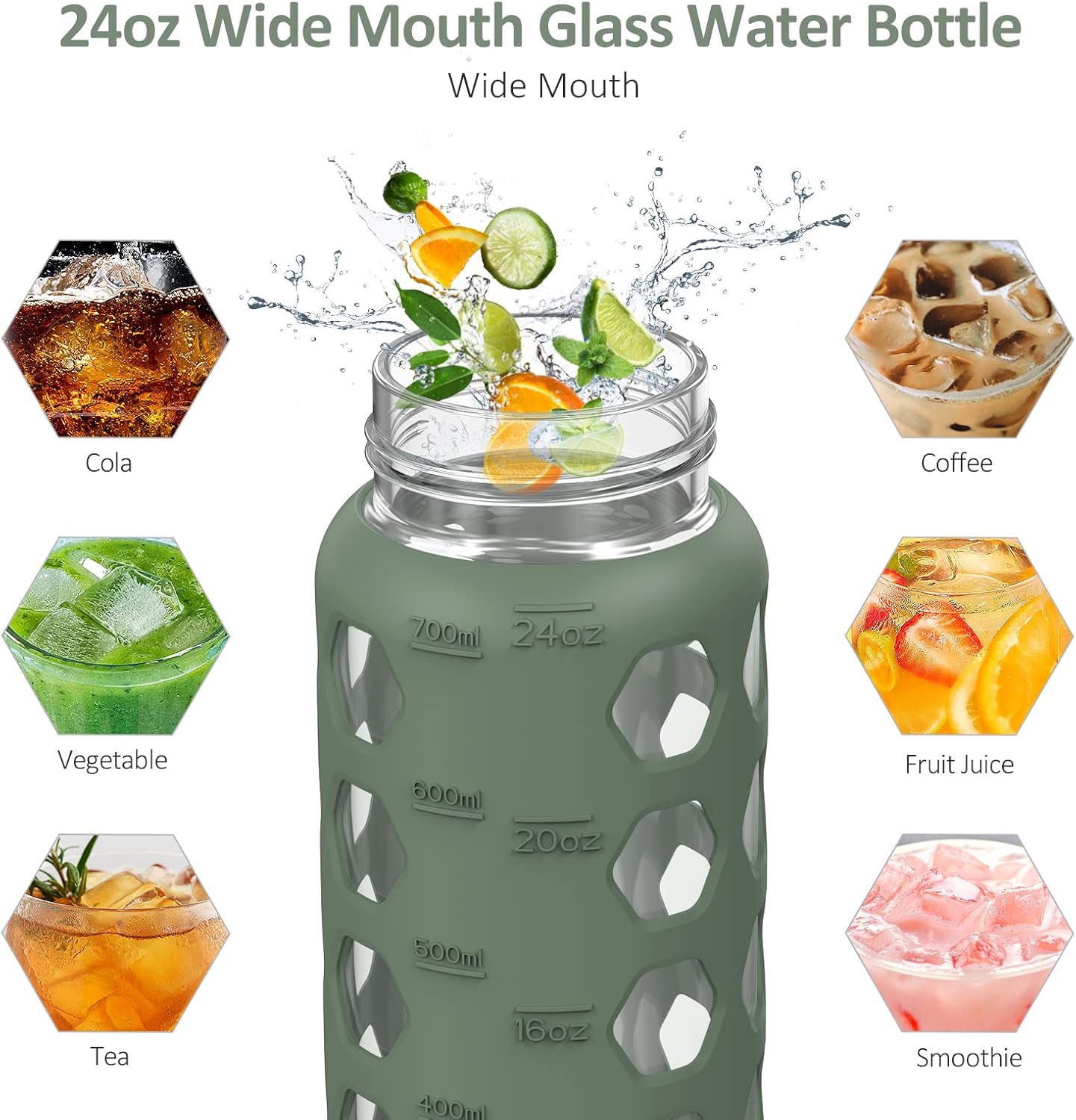 MUKOKO 24oz Glass Water Bottle with 2 Lids-Handle Flip Lid&Bamboo Straw Lid,Motivational Water Tumbler with Time Marker Reminder and Silicone Sleeve, Leakproof-Olive