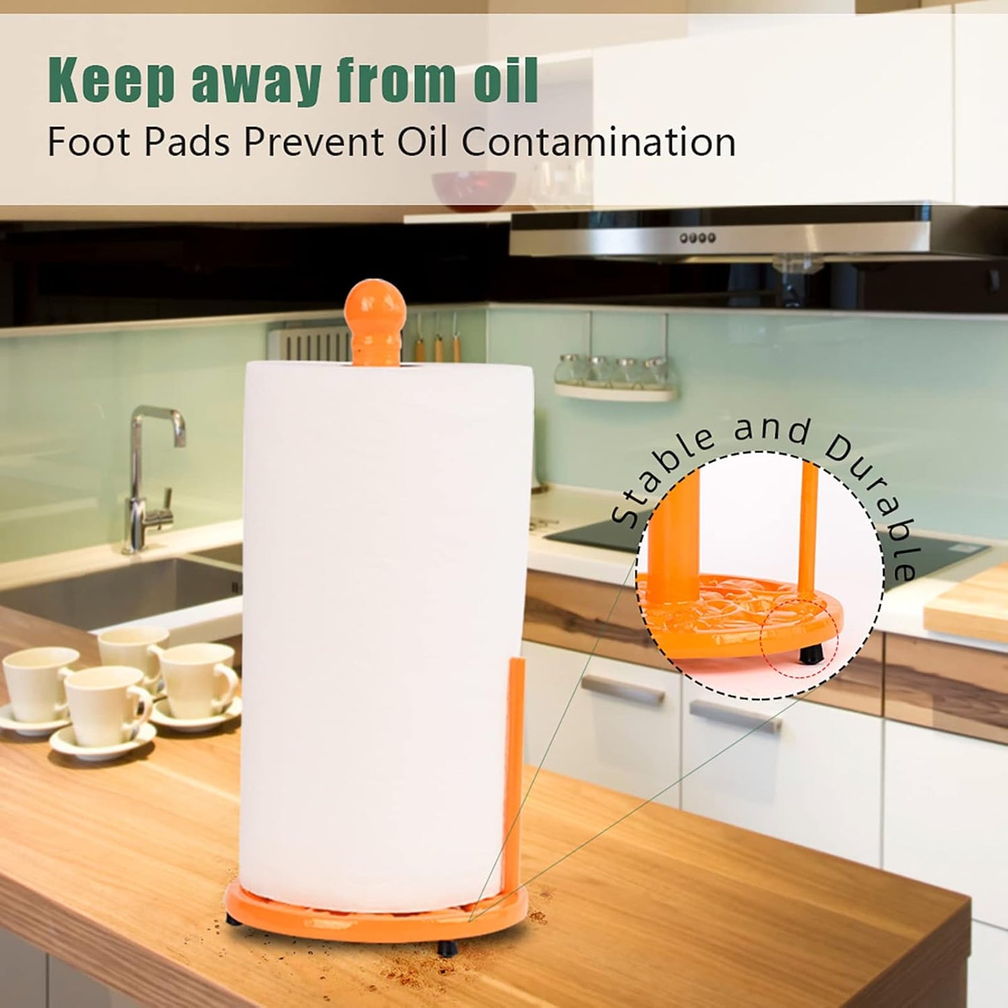 Cast Iron Paper Towel Holder, Vintage Chic Pumpkin Pattern Weighted Base Roll Paper Towel Holder Stand for Kitchen Bathroom Countertops, Orange