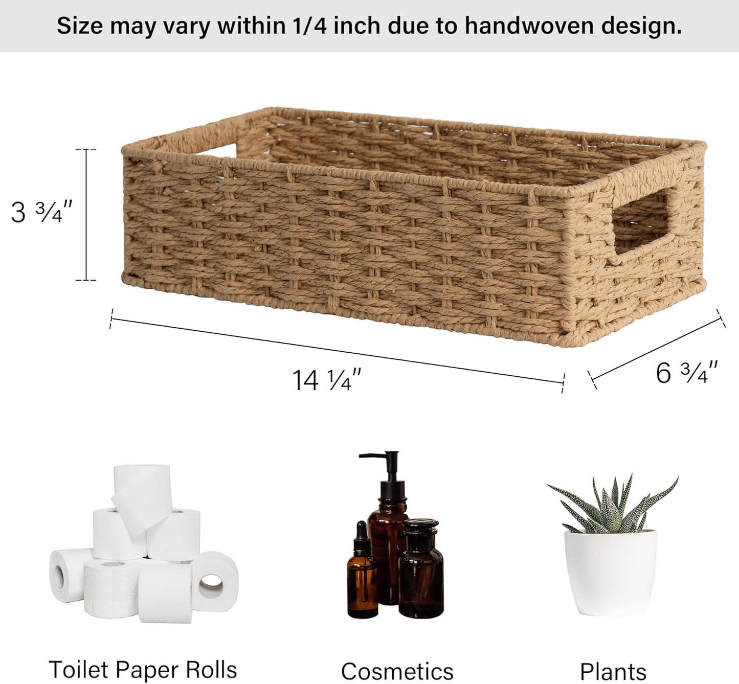 StorageWorks Toilet Paper Basket with Built-in Handles, Light Brown Round Paper Rope Baskets for Bathroom, 14 ¼"L x 6 ¾"W x 3 ¾"H, 1 Pack