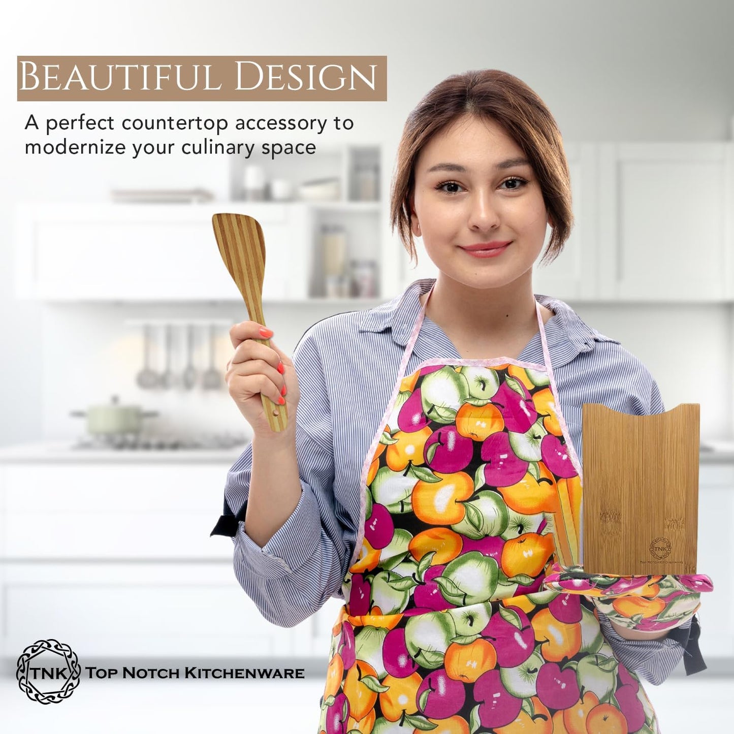 Top Notch Kitchenware Premium Bamboo Kitchen Utensil Holder and Organizer | Stylish Spoon Holder | Ideal Kitchen Utensil Organizer for Cooking | Natural Wood Flatware Organizer