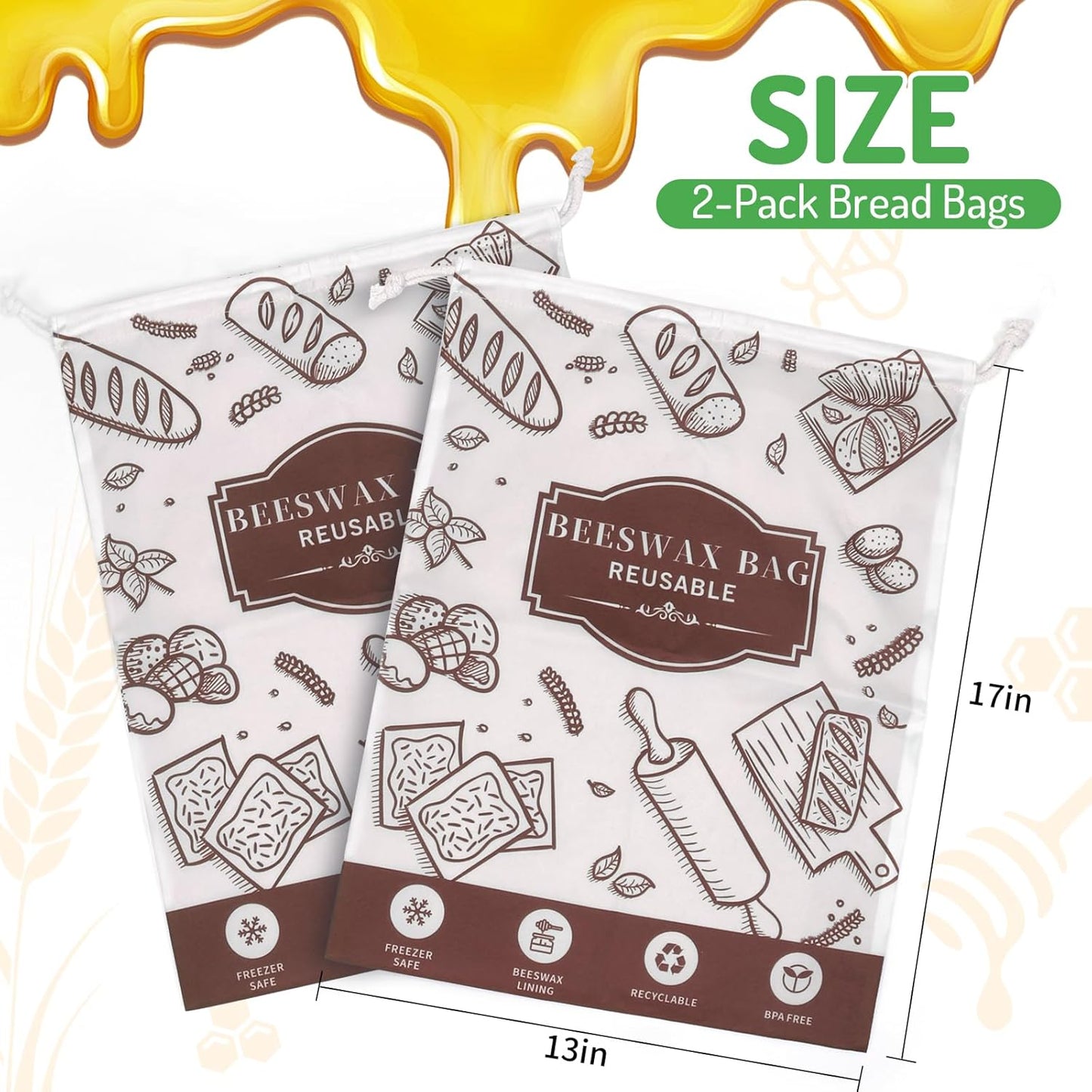 2-Pack Beeswax Bread Bags for Homemade Bread，Reusable Sourdough Storage Bags with Premium Beeswax Coating for Loafs Baguette Fresh Keeping,Great Baking Essentials and Gifts for Families & Friends.