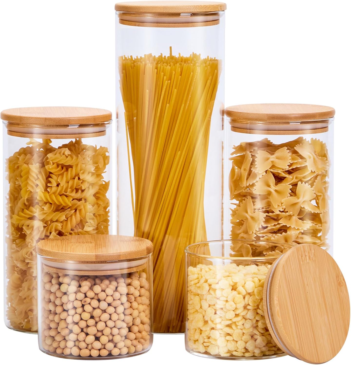 Glass Food Storage Jars with Lids[Set of 5], Perfect for Pasta, Cookies, Nuts, Coffee, Cereal, Flour, and More, Organize Your Kitchen and Pantry with these BPA-Free Glass Canisters