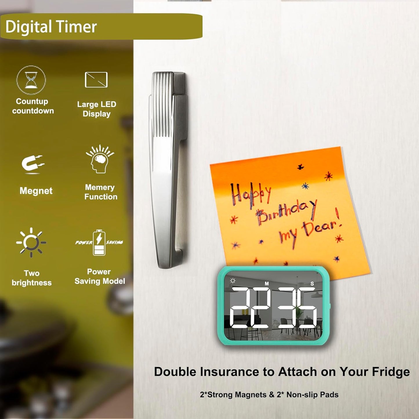 4-inch Timers for Kids, Large Magnetic Digital Kitchen timers with Constant Bright Function for Classroom, Silent Timer for Students and Teachers (1, Green)