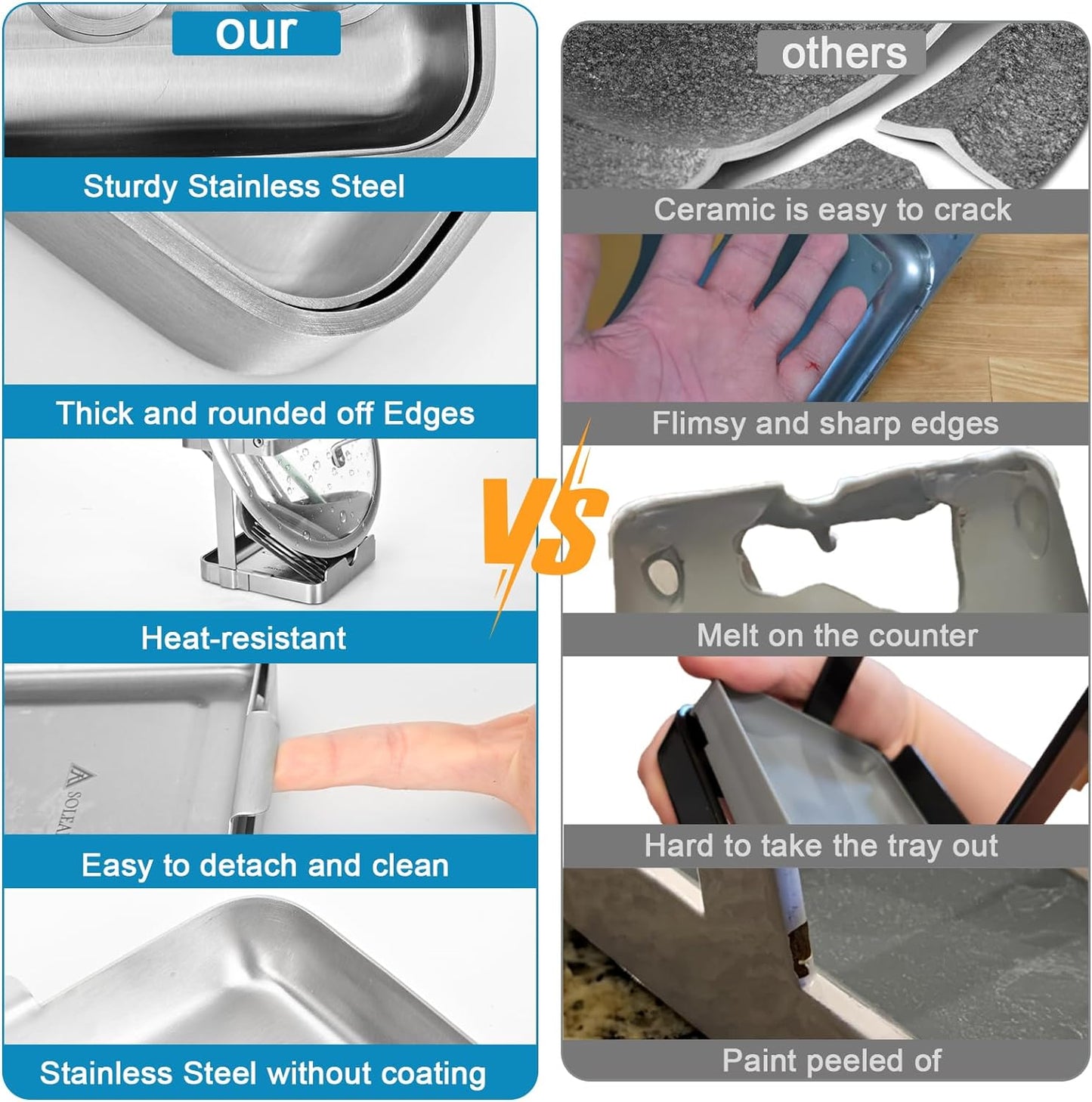 SOLEADER Vertical Spoon Rest and Lid Stand for Stove Top kitchen Utensils Pot Lid Holder and Organizer for Kitchen Counter Foodgrade Stainless Steel with Drip Tray and Handle