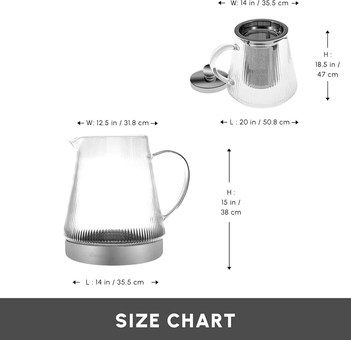 Karaca Keops XL Borosilicate Glass Teapot with Infuser and Lid for Stovetop, Transparent Silver, 1L Tea Pot & 2L Tea Kettle Set for Loose Leaf & Herbal, Dishwasher Safe