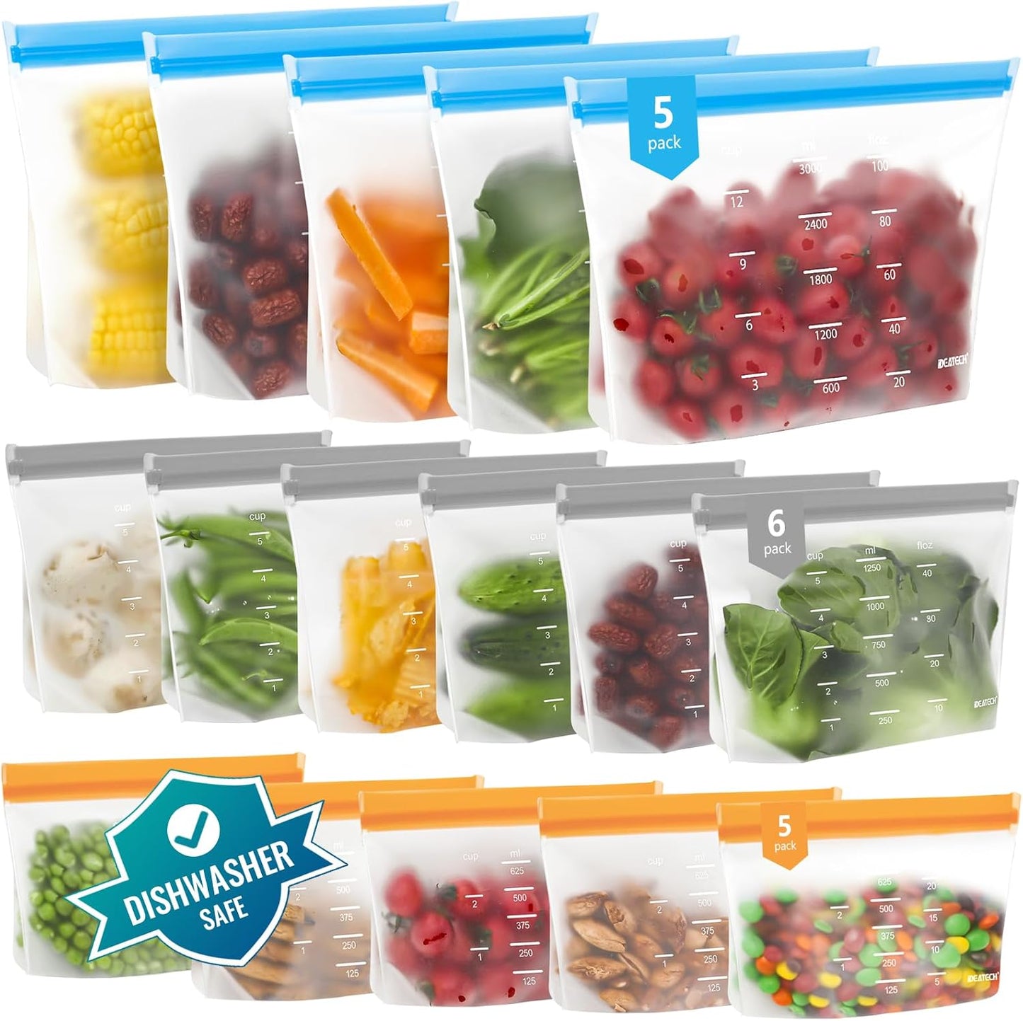 Dishwasher Safe Reusable Storage Bags Stand Up - BPA Free Reusable Sandwich Bags - Leakproof Gallon Freezer Bags, Silicone Food Storage Bags - Multicolor 5 Gallon + 6 Sandwich + 5 Snack Bags