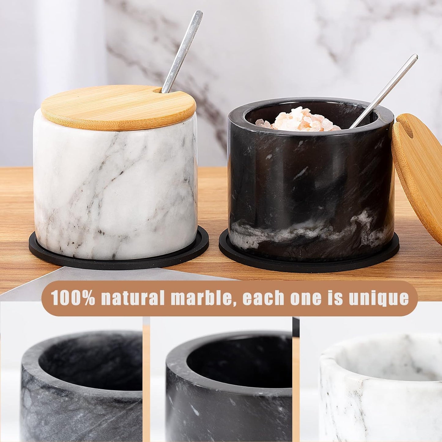 Marble Salt Cellar Set, 2 PCS 11oz Salt and Pepper bowls, Handcrafted from Natural Marble Gift for Mothers Day(White & Black Set)