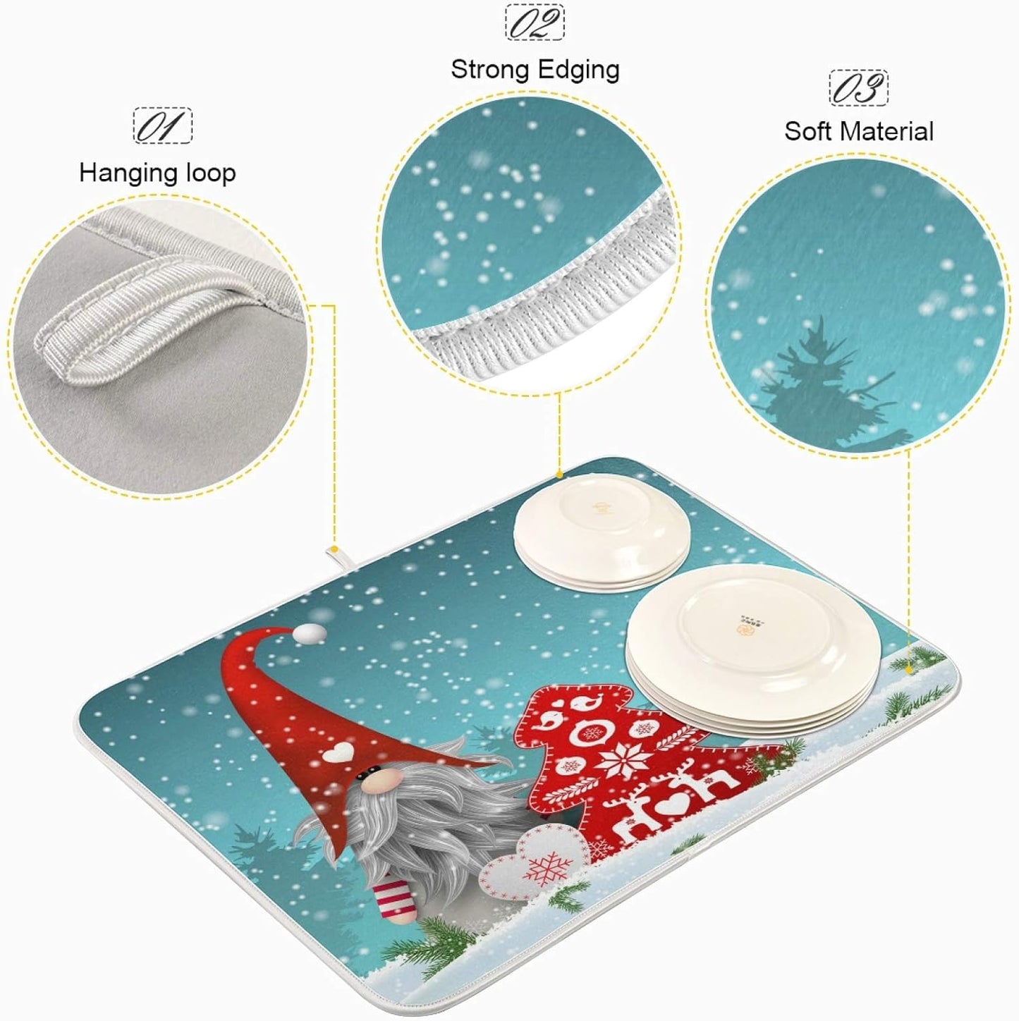 Super Absorbent Dish Drying Mat, Microfiber Fast-Drying Dish Mat, 24" x 18", Kitchen Dish Drying Pad, Watercolor Cute Christmas Gnome…