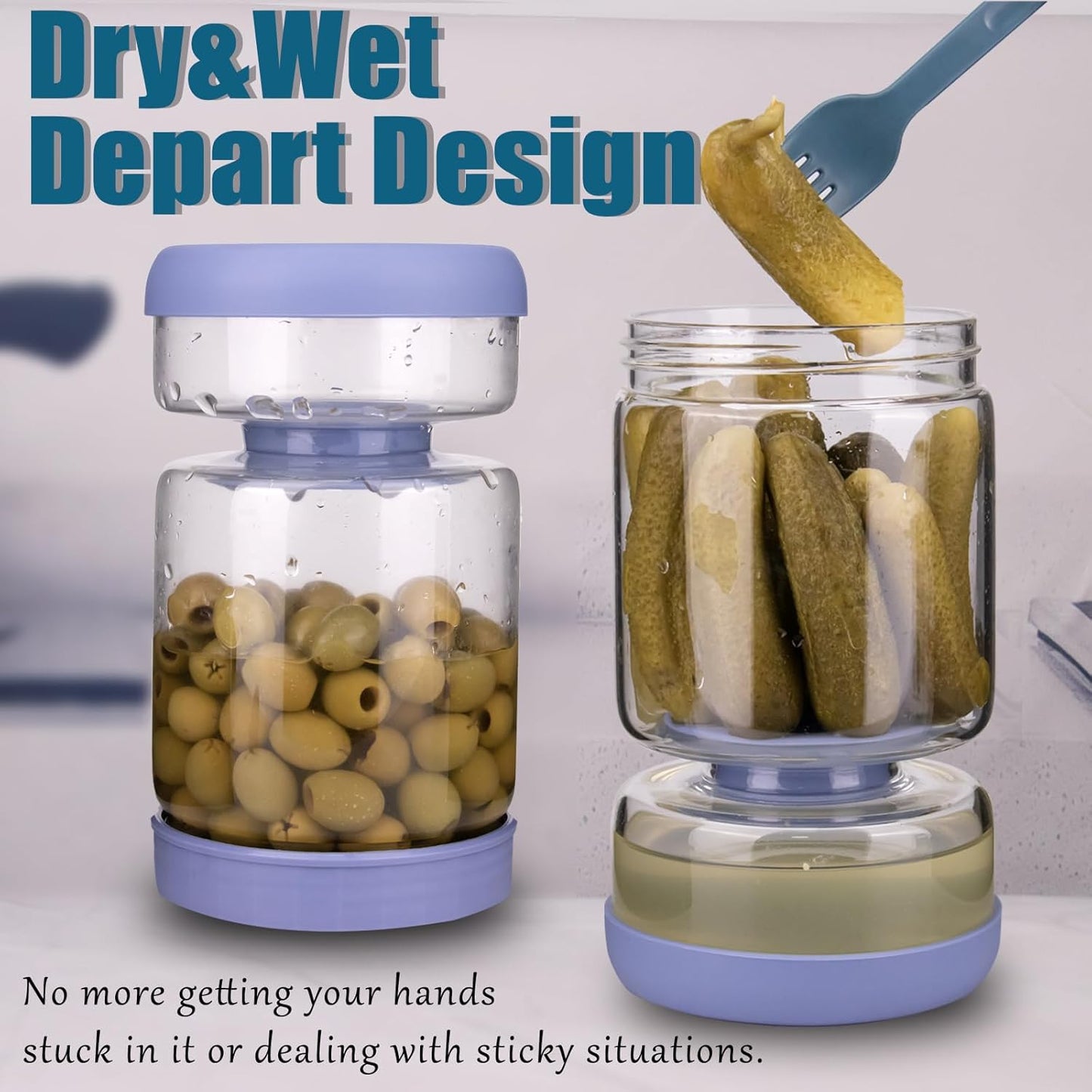 Pickle Jar with Strainer Flip for Pickle Juice Separator from Wet and Dry, Upgrade Food-grade ABS Lid and BPA Free Hourglass Pickle Jar for Airtight Food Storage, Haze Blue