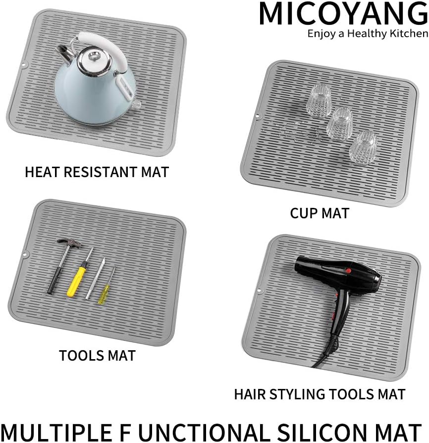 Silicone Dish Drying Mat for Multiple Usage,Easy clean,Eco-friendly,Heat-resistant Silicone Mat for Kitchen Counter or Sink,Refrigerator or Drawer Liner Grey XL 18 inches x 16 inches