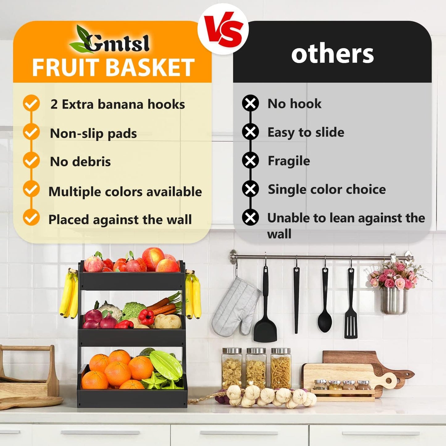 Bamboo Fruit Basket for Kitchen – 3 Tier Fruit Bowl For Kitchen Counter, Large Fruit Holder With 2 Banana Hangers, Idea For Fruit and Vegetable Storage, Bread Basket, Snack Organizer(BLACK)